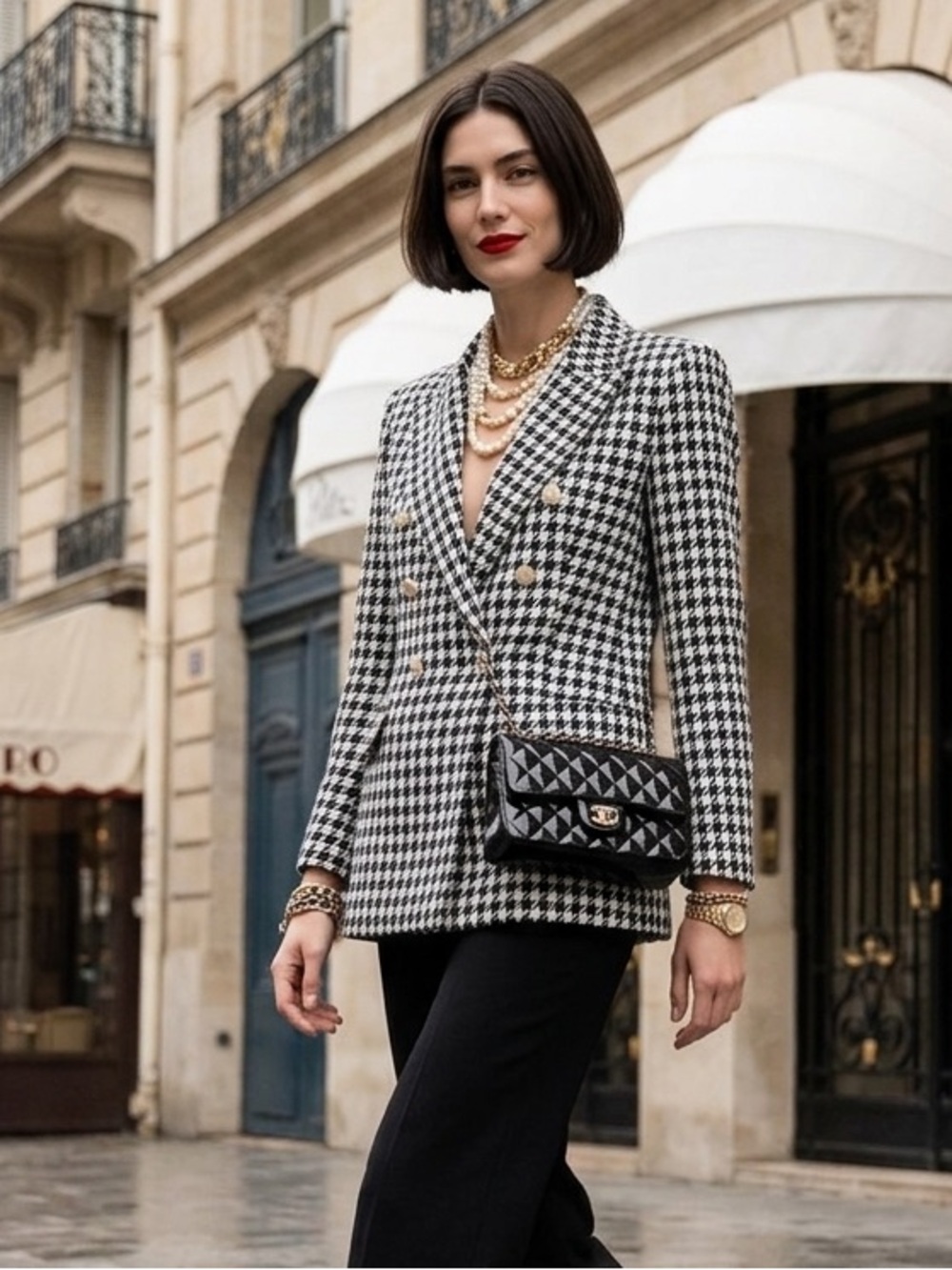 Zara Black & White Houndstooth Double-Breasted Blazer Size M Like New